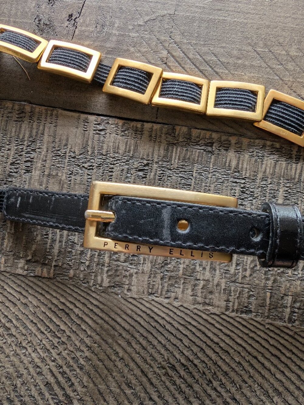 Vintage Perry Ellis Black and Gold Stretch Belt Genuine Leather Size M/L